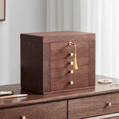 CHOSIN Black Walnut Wooden Jewelry Box for Women with Mirror, 5 Drawers and 2 Side Doors for Watches, Necklaces, Rings, Earrings Storage, Ideal Gift for Her - Image 4