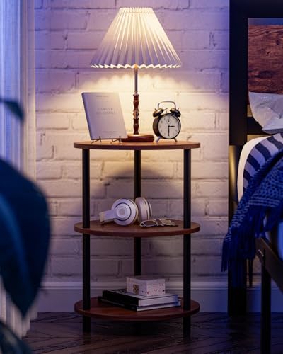 XBurmo Small Round End Table - 3 Tier Design Accent Table, Narrow Side or Bedside Stand, Industrial Vintage Nightstand for Bedroom, Living Room, or Small Spaces, Set of 2, Rustic Walnut - Image 2