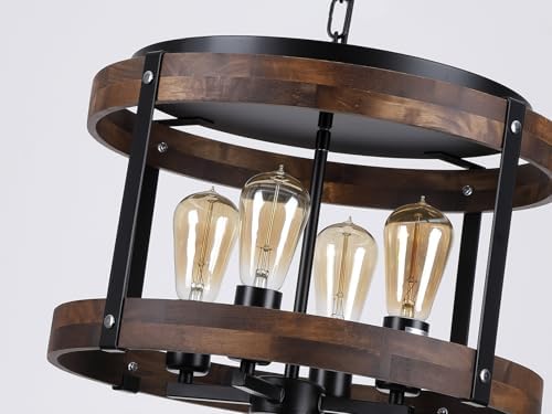 4-Light Large Rustic Farmhouse Wood Pendant Light Fixture with Adjustable Chain, 16.5 inch Oak Wood Drum Chandelier for Dining Room Kitchen Island Farmhouse Living Room Hallway, Black - Image 5