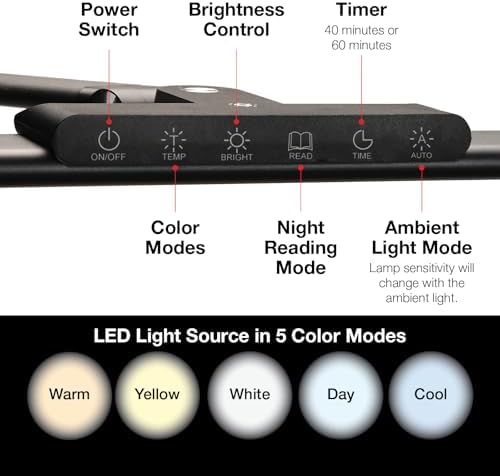 EXCELLO GLOBAL PRODUCTS Wellness Series 6-Touch Adjustable Clamp-On LED Desk Lamp, Space-Saving Dimmable Task Light for Office & Workbench, 17.5", Black - Image 2