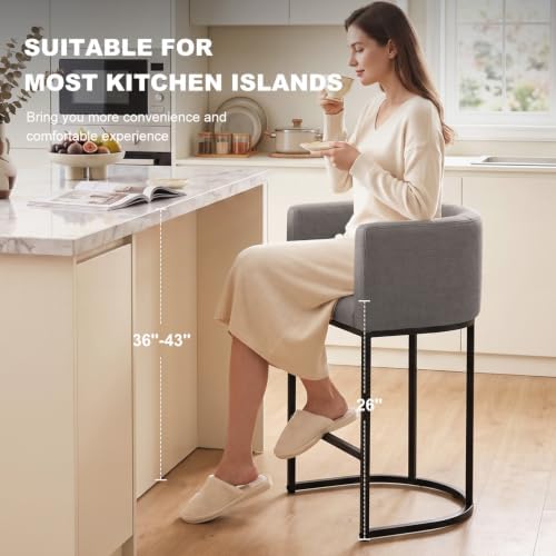26" H Counter Height Bar Stools Set of 2, Modern Barrel Counter Stools with Backrest and Arms, Linen Fabric Upholstered Accent Barstools for Kitchen Island,Support 450 LBS (Gray) - Image 3
