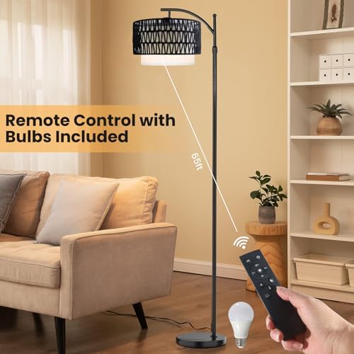 Yusist Arc Floor Lamp for Living Room,Farmhouse Floor Lamps with Remote Control & Dimmable Bulb,Black Rattan Boho Tall Standing Lamp for Bedroom Office - Image 6