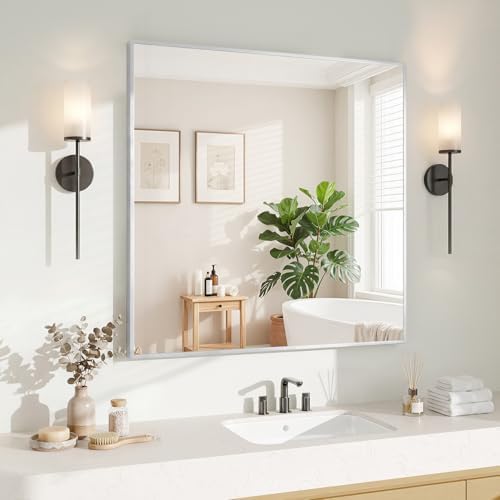 Koonmi Silver Rectangle Wall Mirror, 30x30 Inch Bathroom Mirror, Aluminum Frame Vanity Mirror for Entryway, Living Room, Bedroom Bathroom, Hangs Horizontally or Vertically by KOONMI
