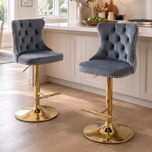 SoarFlash Velvet Bar Stool Set of 2, Adjustable Swivel Bar Stools with Gold Plated Metal Leg, Button Tufted, Footrest, Chrome Nailhead,Counter Height Chair for Kitchen, Bar, Dining Room (Grey) by SoarFlash