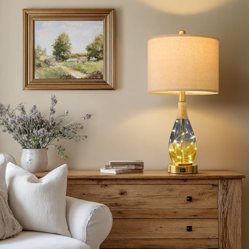 OYEARS 23" Table Lamps for Living Room Set of 2,Bedside Lamps for Night Stands, Rattan Lamps for Bedroom,Farmhouse Lamps with Glass Nightlight,Two Light Points - Image 7