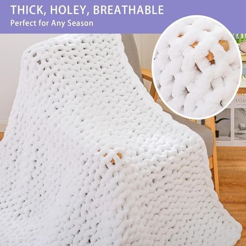 Bigacogo Chunky Knit Throw Blanket for Couch, 40x60 inches, Pure White - Image 3