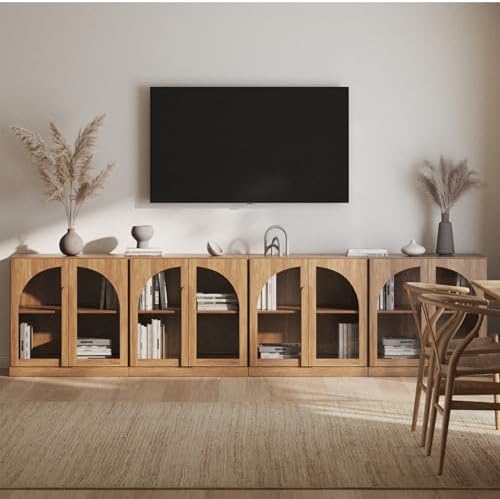 BELLEZE Bijou Set of 4 Wall-to-Wall Sideboards (126" Wide) - Grand Buffet Cabinet System w/8 Arched Glass Doors - Massive Entertainment Center & Display Console for Living Room, Camel by BELLEZE
