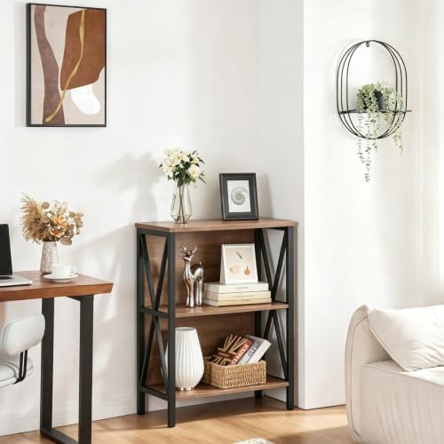 HOMISSUE Book Shelf, 3 Tier Long Bookshelf with Storage, Engineered Wood and Metal Shelf Bookcase, Low Short Bookcases for Small Space, Living Room, Bedroom, Office, Rustic Brown - Image 6