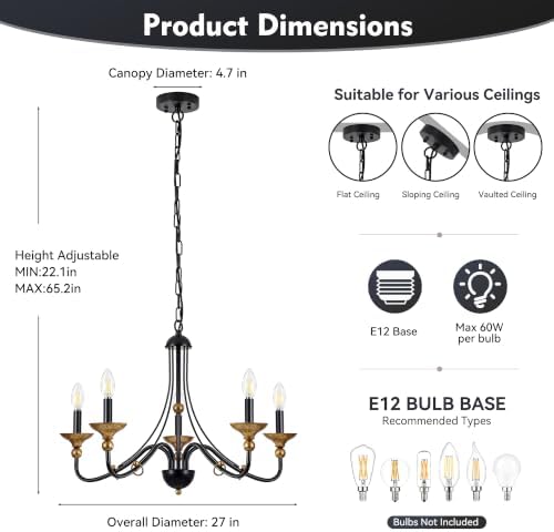 Sigaitwei 5‑Light Modern Farmhouse Candle Pendant, Matte Black with Antique‑Gold Accents, Chandelier Hanging Light Fixture for Kitchen Island, Entryway, Stairwell, E12 Base - Image 6