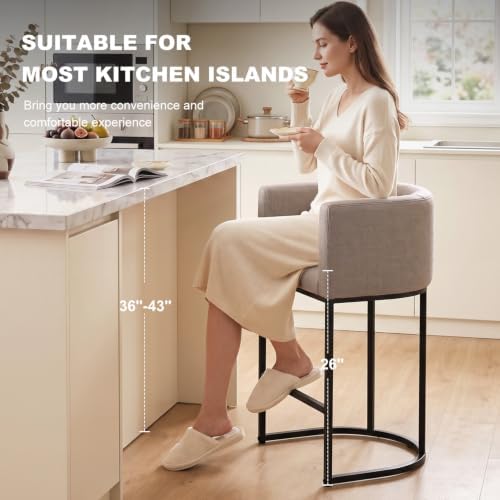 26" H Counter Height Bar Stools Set of 2, Modern Barrel Counter Stools with Backrest and Arms, Linen Fabric Upholstered Accent Barstools for Kitchen Island,Support 450 LBS (Sand) - Image 3