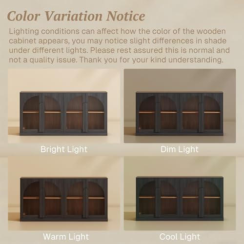 BELLEZE Bijou 64" Arched Glass Door Sideboard, Accent Buffet Cabinet with Storage and Adjustable Shelves, Classic Modern Large Console Table for Dining Room Living Room Entryway - Ebony - Image 6