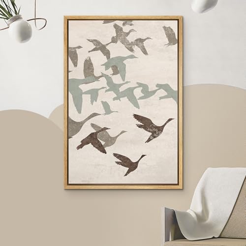 NWT Framed Canvas Print Wall Art Geese Flock in Neutral Tones Illustrations Modern Art Decorative Landscape Rustic Zen Colorful for Living Room, Bedroom, Office - 24"x36" Natural - Image 3