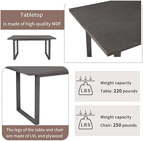 6 Piece Kitchen Dining Table Set with Rectangular Table and Comfortable Cushioned Seat, Farmhouse Rustic Wood Dining Room Set for 4-6 Persons, Dining Set for Family (Gray-1) - Image 5