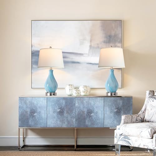 Modern Accent Table Lamp Set of 2 Touch Control, 22" Faded Swirl Blue Gray Art Glass Bedside Lamp with USB Ports, 3-Way Dimmable Hand Crafted Nightstand Lamps White Drum Shade for Living Room Bedroom - Image 5