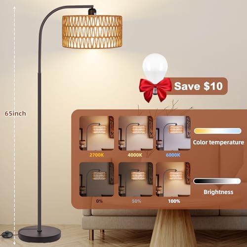 Brilvibera Boho Floor Lamp with Dimmable Bulb Rattan Double Shade Lamp - Image 3