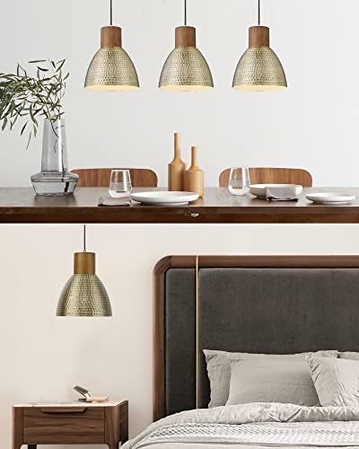 ELYONA Vintage Hammered Pendant Light Fixture, 7” Small Brushed Brass Metal Hanging Light Solid Wood Antique Gold Pendant Lamp for Kitchen Island, Farmhouse, Dining Room, Adjustable Height - Image 5