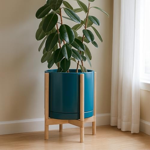 D'vine Dev Ceramic Pot with Natural Wood Stand, Teal, 14 in, 55-B-R-4 - Image 4