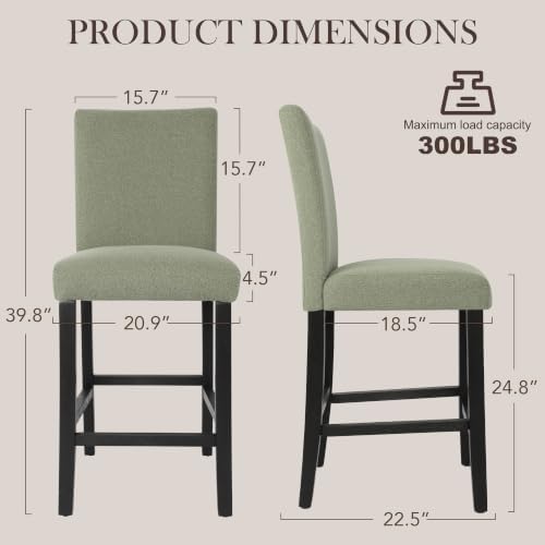 GOTMINSI 24 Inches Bar Stools, Modern Upholstered Counter Height Chairs, Solid Wood Legs Barstools with Back (Green, 4PCS) - Image 2