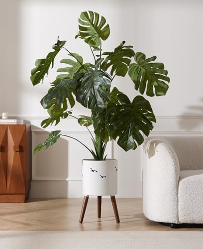 naclto 12 Inch Planter Pot with Stand,Large Modern Plant Pot for Indoor Plants,Flower Pot Indoor Outdoor with Drainage for Home Garden Patio, White and Black - Image 3