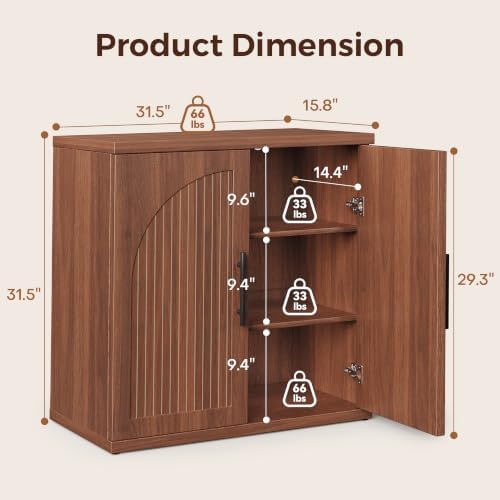 Jocoevol 31.5" Fluted Walnut Buffet Cabinet Sideboard with Storage, Small Sideboard Cabinet with 2 Doors, Wood Mid Century Modern Sideboard for Kitchen and Living Room (31.5" W*31.5" H*15.8" D) - Image 2
