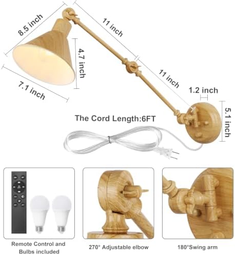 TRLIFE Dimmable Wall Sconce, Remote Control Plug in Wall Sconce Dimming 10%-100% and Adjustable Color Temperature 2700K-6000K, Swing Arm Wall Lights with Plug in Cord, UL Listed(2 Pack, Oak Color) - Image 5