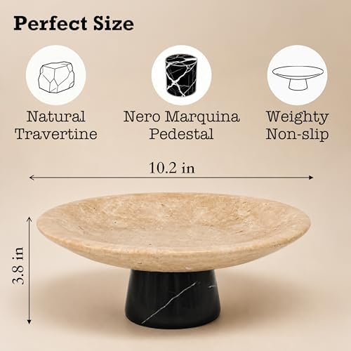 Travertine Fruit Bowl with Black Marble Pedestal,10.2" Centerpiece - Image 2