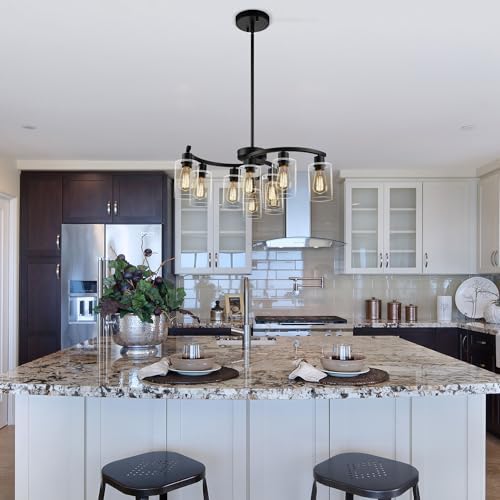 CNRATYE 9-Light Black Modern Chandeliers for Dining Room, Adjustable Height Farmhouse Kitchen Island Lighting, Industrial Hanging Light Fixtures for Living Room Bedroom, Clear Glass Shade - Image 3