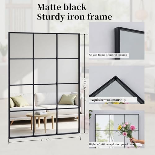 Dewfig Rectangle Wall Mirror, 47"x30" Metal Frame Windowpane Mirror, Black - Image 6