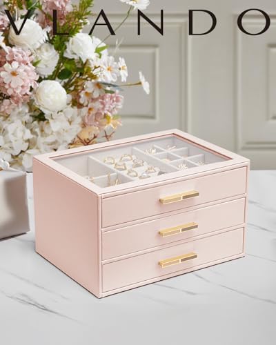 VLANDO Jewelry Box Organizer, 3-Layer Storage Drawers, Glass Window, Modern - Image 2