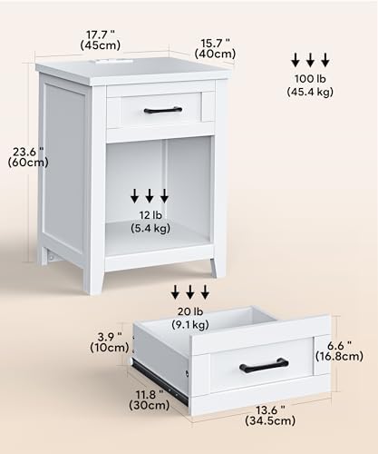 Decofy Farmhouse Nightstand with Charging Station, Pure White - Image 3