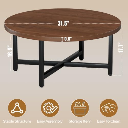 Coffee Table, Round Coffee Tables for Living Room, Floor Table for Sitting on The Floor, Center Coffee Table with Metal Frame for Office Apartment Home (31.5" D Round Walnut) - Image 2