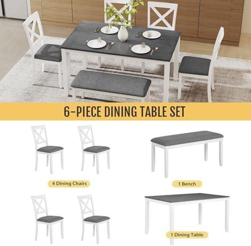 Zevemomo 6-Piece Solid Wood Dining Table Set, Wooden Legs, White - Image 4