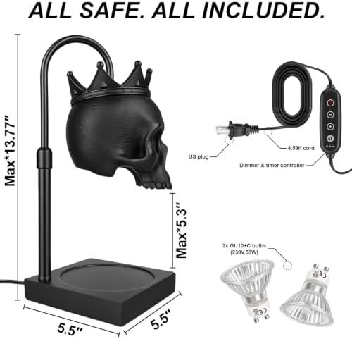 Skull Candle Warmer Lamp with Timer & Dimmer, Adjustable Height, 2 Bulbs - Image 2