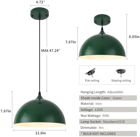 Farmhouse Pendant Light, 11.8inch, 2 Packs- Green Industrial Kitchen Pendant Lights, Pendant Lights Kitchen Island, Pendant Light for Bedroom, Office, Kichen Sink, Library - Image 2
