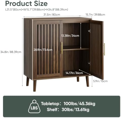 Smart FENDEE Sideboard Cabinet, 31.5" W Farmhouse Buffet Cabinet with Slatted Doors & Adjustable Shelf, Wood Coffee Bar Storage Station for Kitchen, Dining Room, Living Room, Entryway, Walnut Color - Image 2