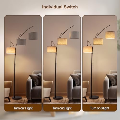 3 Light Arc Floor Lamps for Living Room, 2400LM Super Bright Floor Lamp with Remote Control, 80" Tall Floor Lamps with Stepless Dimmable, Mid Century Tree Floor Lamp for Bedroom, Office - Image 4