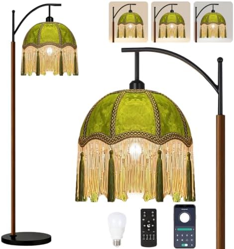 ILLMTW Fringe Floor Lamp for Living Room,Bedroom,Victorian Standing Lamp with Remote Dimmable,Green Mid Century Black Arc Tall Lamp Boho Vintage Retro Wood Tassel Flower Unique Lamp Tiffany Decor by IlluminateTheWorld
