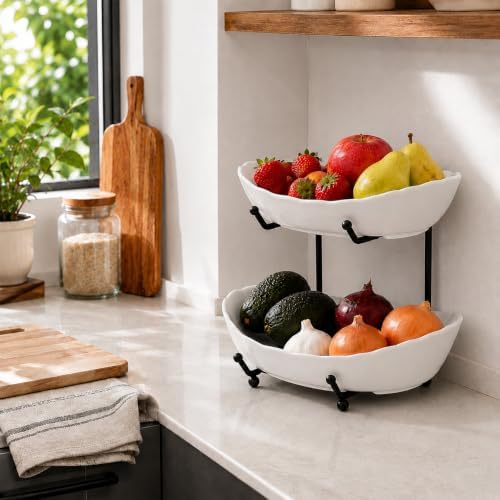 HBlife 2 Tier Fruit Bowl, Ceramic Fruit Basket for Kitchen Counter - Image 3