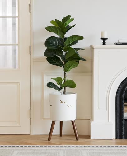 12 Inch Planter,Plant Pot with Stand for Indoor Plants,Large Modern Plant Pots with a Dove Pattern Indoor Outdoor with Drainage for Home Garden Patio,White and Gold - Image 2