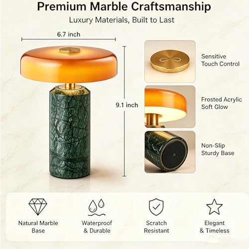 Marble Table Lamp Cordless with Glass Shade, 3-Way Touch Dimmable Modern Green Small Desk Lamp, Solid Marble Base Portable Nightstand Light for Bedroom and Living Room Decor - Image 3