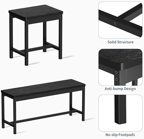 GarveeHome 5 PCs Dining Table Set for 6-8 People, 63 in Extendable Kitchen Table Set with 2 Benches and 2 Square Stools, Modern Dining Room Furniture Sets, Easy Assembly, Black - Image 6