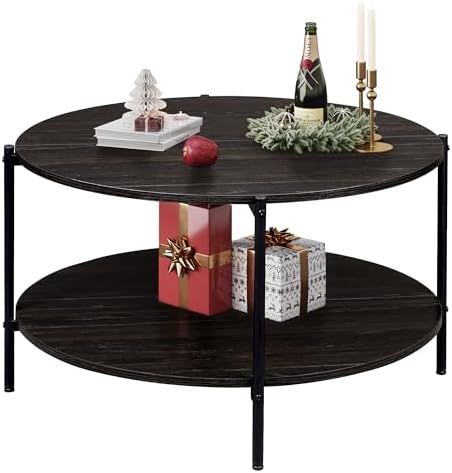 WLIVE Round Coffee Table for Living Room, 32.6" Small Coffee Table with Open Storage Shelf, 2-Tier Industrial Circle Wood Center Table for Bedroom, Home Office, Charcoal Black by WLIVE