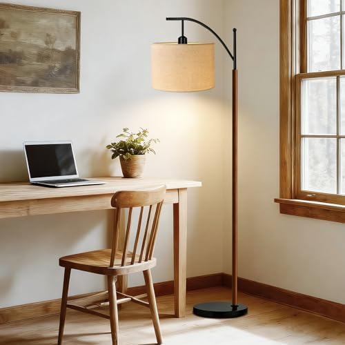 ILLMTW Arc Floor Lamp for Living Room,Bedroom,Vintage Mid Century Modern Standing Lamp with Remote Dimmable,Wood Boho Black Tall Lamp Fabric Lamp Shade Floor Lights Bohemian Tiffany Style - Image 6