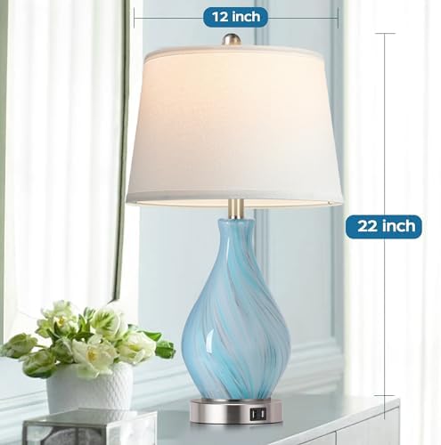 Modern Accent Table Lamp Set of 2 Touch Control, 22" Faded Swirl Blue Gray Art Glass Bedside Lamp with USB Ports, 3-Way Dimmable Hand Crafted Nightstand Lamps White Drum Shade for Living Room Bedroom - Image 4