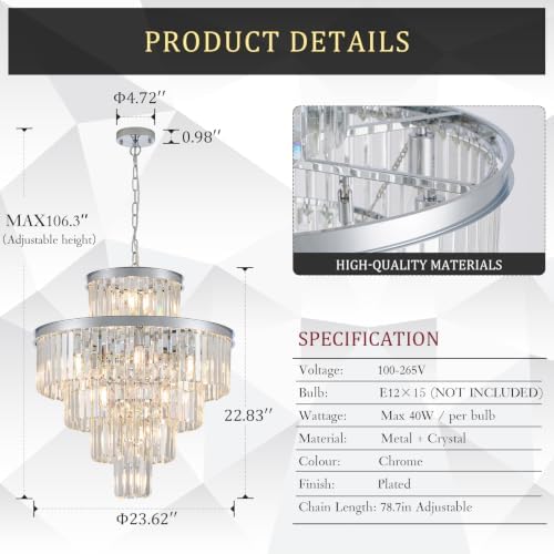 CATINER 24" Modern Crystal Chandeliers,15-Light Chrome Round Light Fixture - Image 2