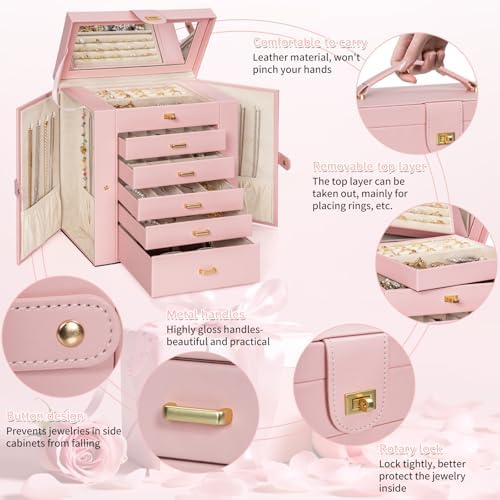 AKOZLIN 6-Tier Jewelry Box Organizer 5 Drawers Storage Pink Large - Image 2