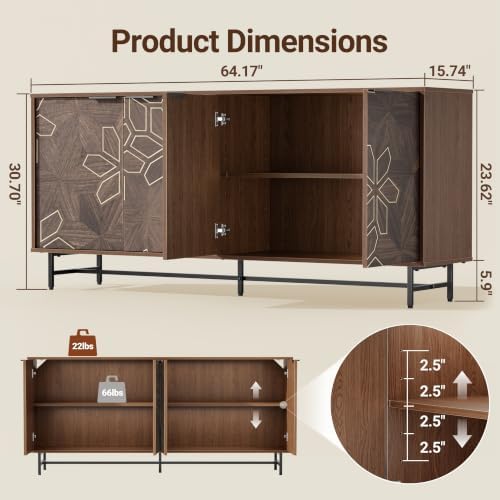 Mericonia 64 Inch Large Buffet Cabinet with Storage, Modern Mid-Century Walnut Sideboard with 4 Doors & Adjustable Shelves, Accent Credenza Coffee Bar for Kitchens, Dining Room, Living Room, Entryway - Image 2