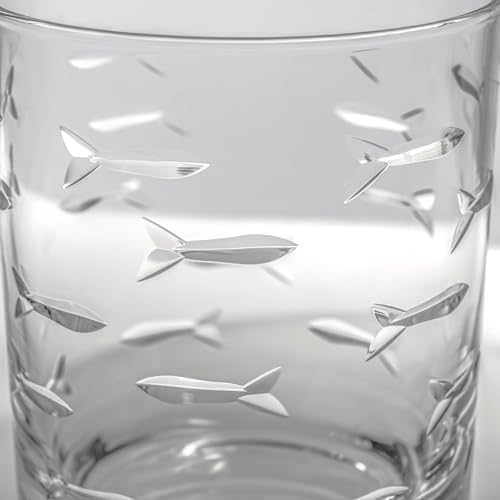 Rolf Glass School of Fish 13oz Double Old Fashioned Glass | Whiskey Glass Set of 4 | Lead-Free Glass | Engraved Tumbler Glasses | Designed and Engraved in the US - Image 3