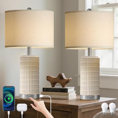 25" Ceramic Touch Table Lamp Set of 2 for Living Room and bedroom White by Beanliss