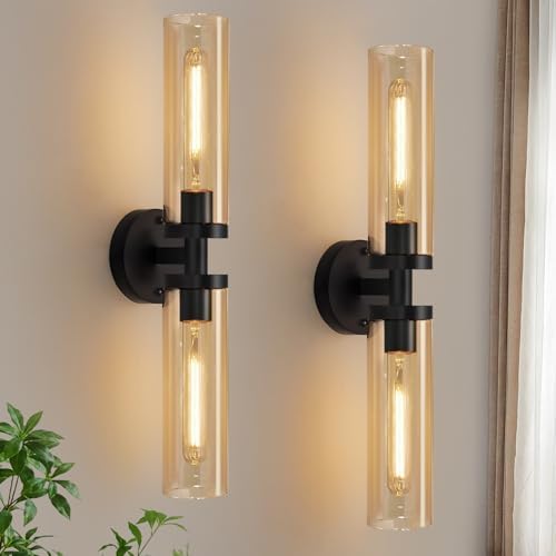 Indoi Wall Sconces Set of Two, Hardwired Matte Black Bathroom Sconces Wall Lights with Amber Glass, Modern Sconces Wall Decor Set of 2 Vanity Light fixtures for Bathroom Mirror Bedroom by Indoibrightenyourbathroom